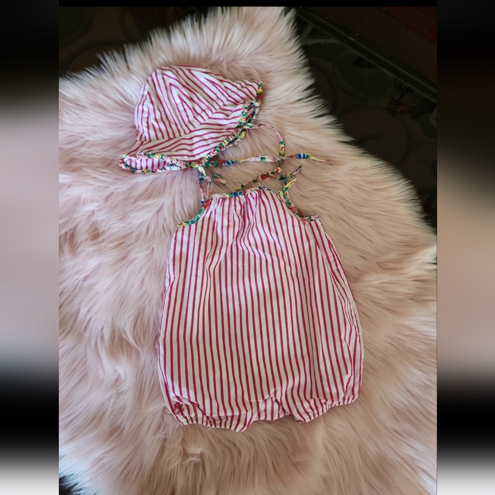 Ralph Lauren Baby Girls Striped Shortall & Sun Hat Set